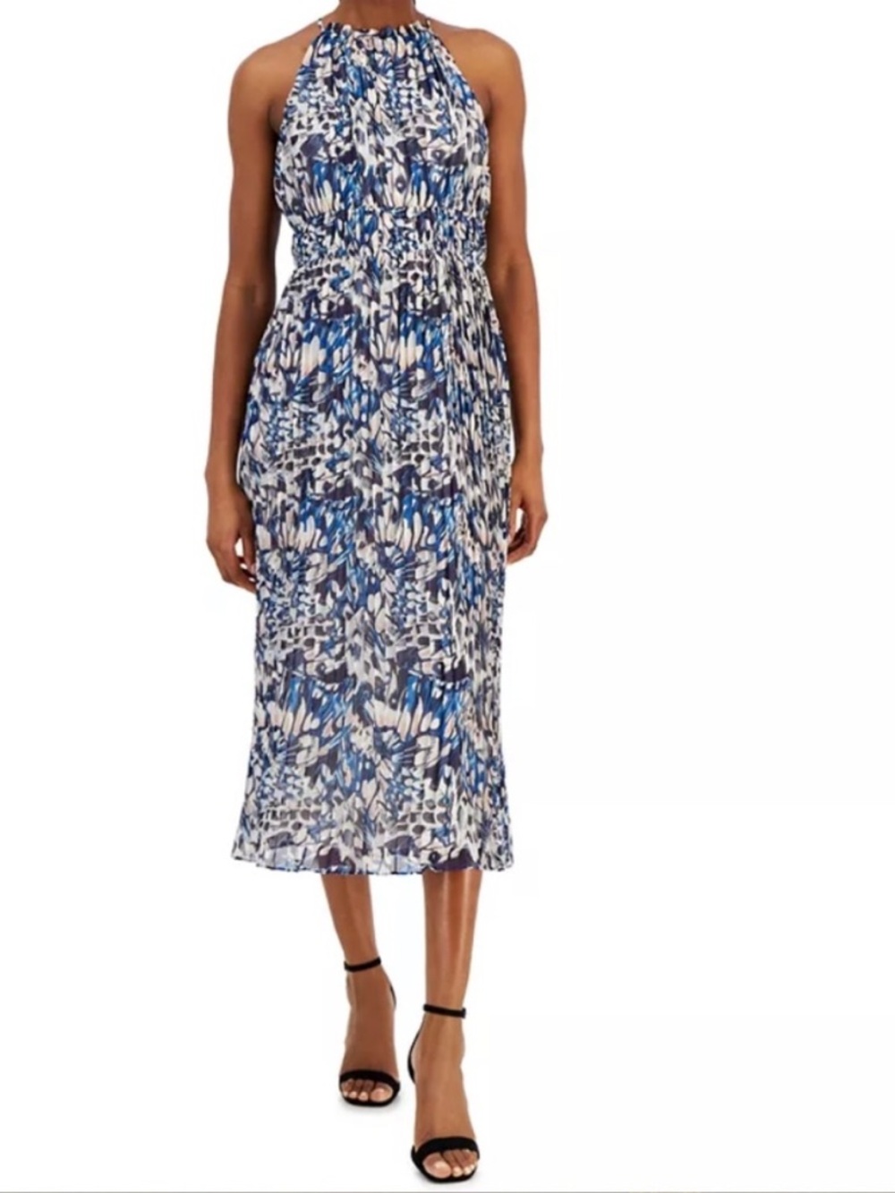Anne Klein Blue and White Halter Print Midi Dress